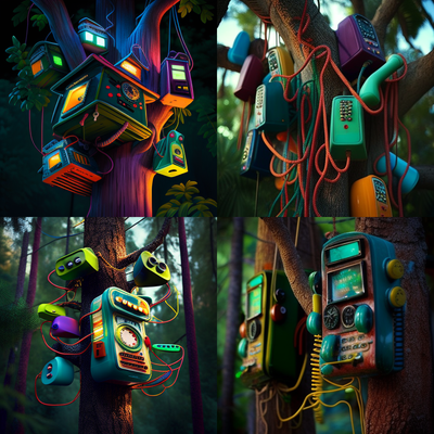 the coolest 90s style phones in a tree house, treehouse, corded phones, wires, transpartent, 90s, neon